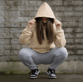 model using not bad clothing hood due tan covering face