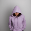Model face on with head bowed wearing Due hood lavender