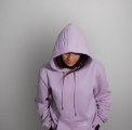 Model face on with head bowed wearing Due hood lavender