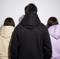model using not bad clothing hood due tan black and lavender back