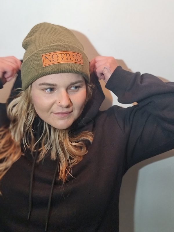 Model wearing Not Bad beanie in Khaki